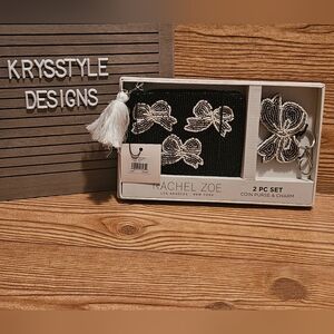 Rachel Zoe Bow Beaded Coin Purse and Charm Keychain Set in black, Grey and white